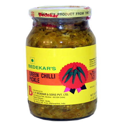 GREEN CHILLI PICKLE 14 OZS (Bedekar)